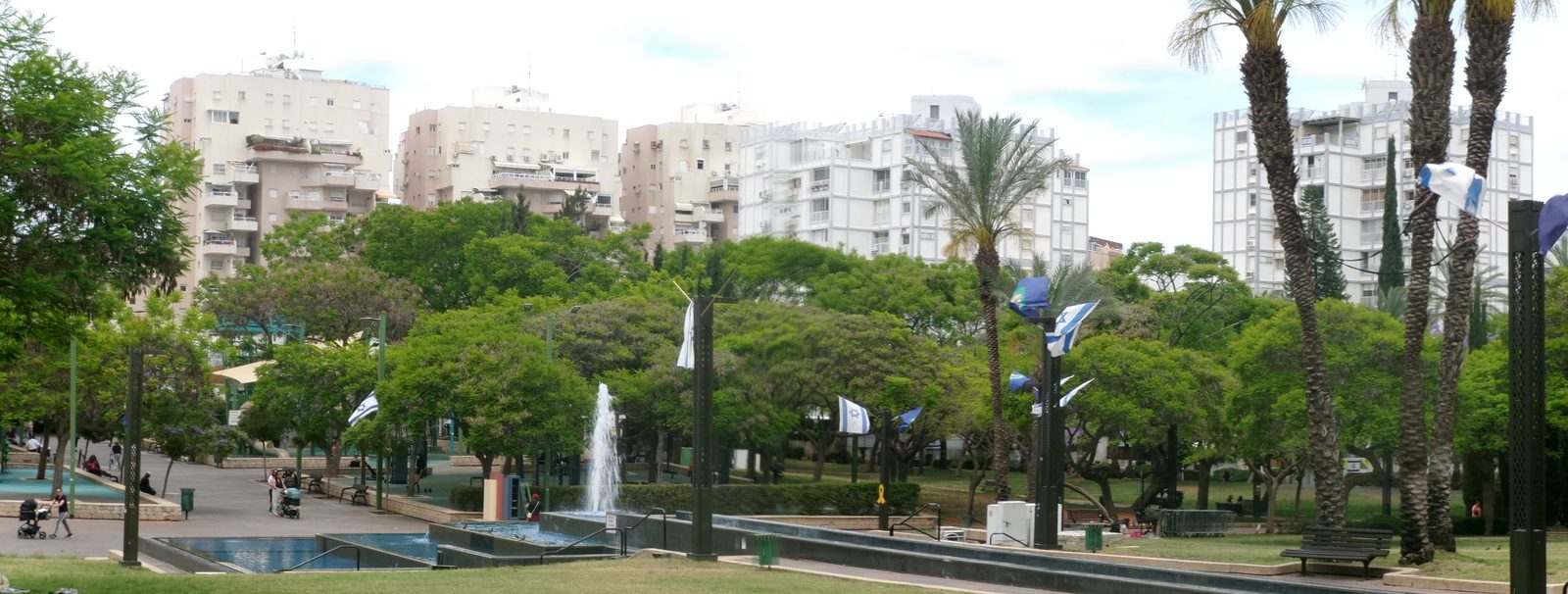 תמונת פנורמה של פארק עירוני עם בניינים ודקלים שצולמה במצלמת קודאק Pixpro FZ55
